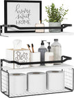 WOPITUES Floating Shelves with Wire Storage Basket, Bathroom Shelves Over Toilet with Protective Metal Guardrail, Wood Wall Shelves for Bathroom Organizers and Storage, Toilet Paper-White