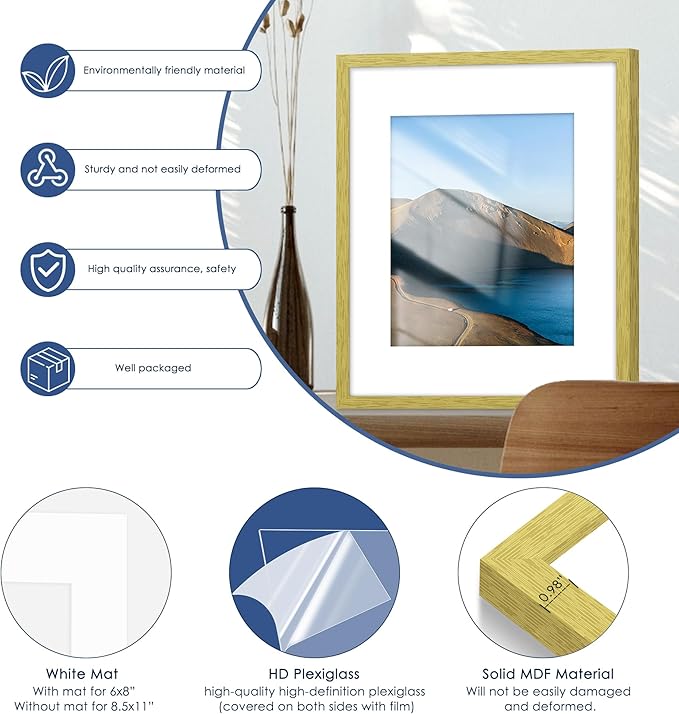 PEALSN 16x20 Picture Frame Set of 6, Display Pictures 11x14 with Mat or 16 x 20 without Mat for Wall Mounting Display, Poster Frames Collage for Wall Decor, Gold