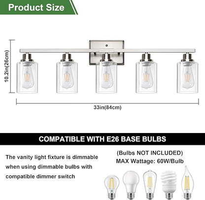 Ascher Bathroom Light Fixtures, 5-Light Vanity Lights with Clear Glass Shade, Modern Brushed Nickel Wall Light for Mirror Bedroom Hallway Cabinet Porch