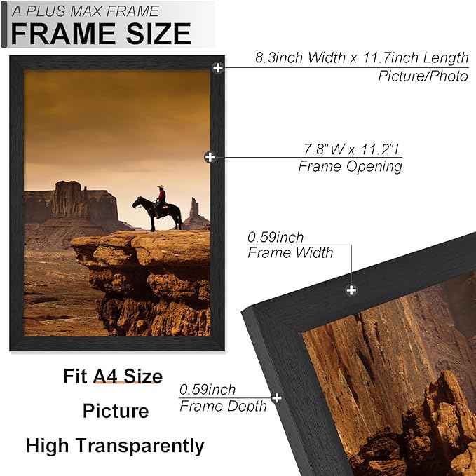 A PLUS MAX Black A4 Frame, Engineered Wood Frame Display Papaer Size A5 Picture with Mat or A4 without Mat, A4 Frame with Wood-grain for Photo 8.3 x 11.7 inch for Wall - 1 Pack