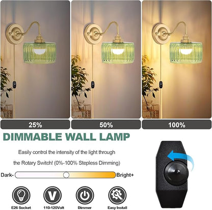 Vintage Plug in Wall Sconces Dimmable Wall Sconces of Two,Wall Lamps with Plug in Cord & Flower Glass Lampshade,Gold Sconces Wall Decor Set of 2 Plug in Wall Lights Sconces for Bedroom