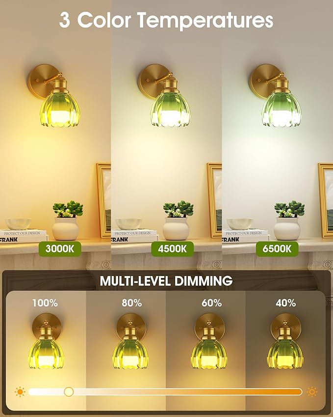 VOLISUN Vintage Battery Operated Wall Sconce,with Green Tulip Glass Lampshade, Wireless Wall Sconce, Rechargeable Battery Powered Wall Light, Sconce Wall Decor for Bedroom Living Room