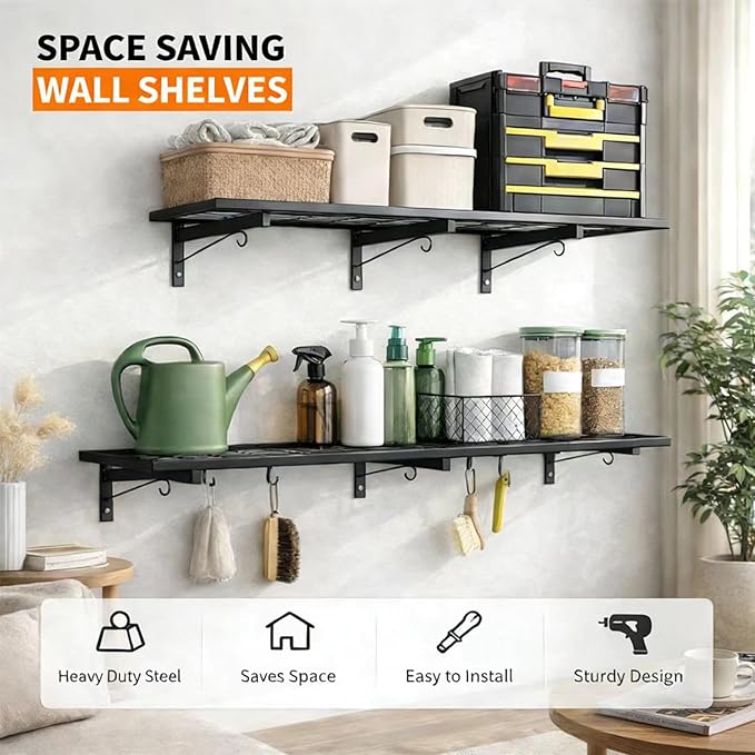 Garage Wall Shelving, 46" × 12" Wall Mounted Floating Shelf, Heavy Duty Shelves 190 LBS Load Capacity, Black Storage Rack for Shop, Shed, Closet, Basement, Laundry Room