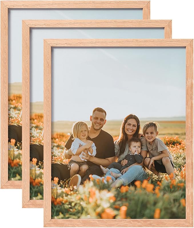ATOBART 8x10 Set of 3 OAK Wood Picture Frame Solid Wooden Photo Frame Natural Wood Color Frames with Real Glass for Wall Mounting or Tabletop Living Room Bedroom Home Decor