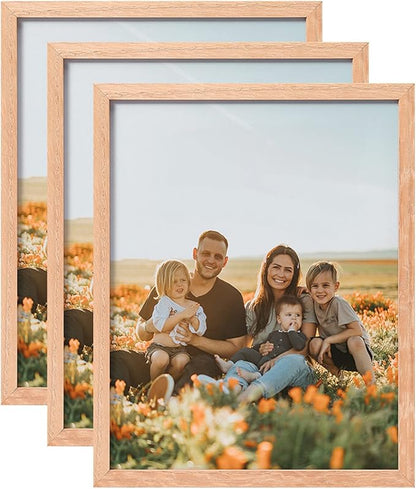 ATOBART 8x10 Set of 3 OAK Wood Picture Frame Solid Wooden Photo Frame Natural Wood Color Frames with Real Glass for Wall Mounting or Tabletop Living Room Bedroom Home Decor