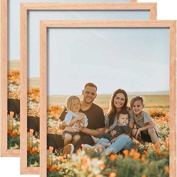 ATOBART 8x10 Set of 3 OAK Wood Picture Frame Solid Wooden Photo Frame Natural Wood Color Frames with Real Glass for Wall Mounting or Tabletop Living Room Bedroom Home Decor