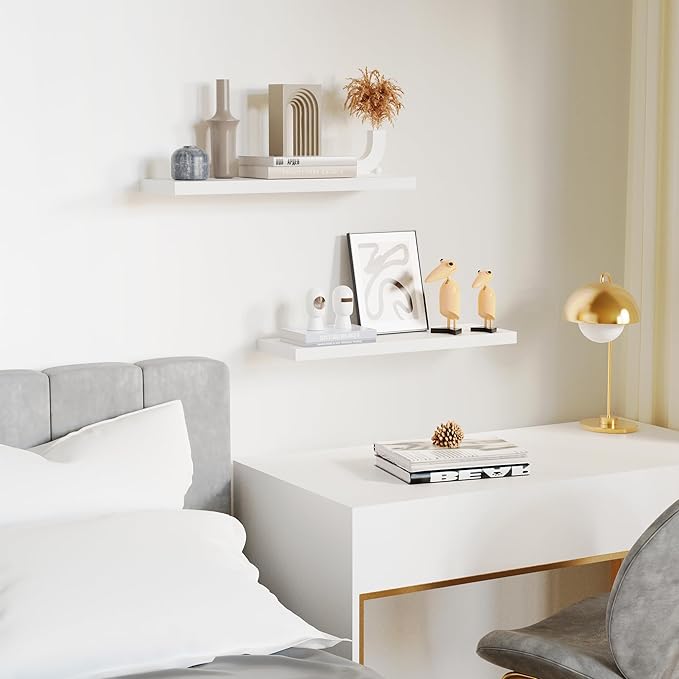 Floating Shelves for Wall, White Wood Wall Shelf Set of 2, 24
