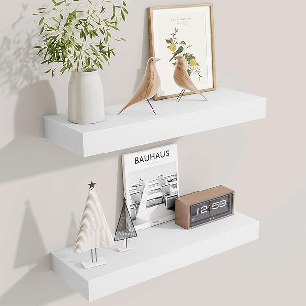 Fun Memories Floating Shelves Bathroom for Wall Mounted Shelves, 20 Inch Wood Shelf Set of 2, Home Storage & Display Decor, White