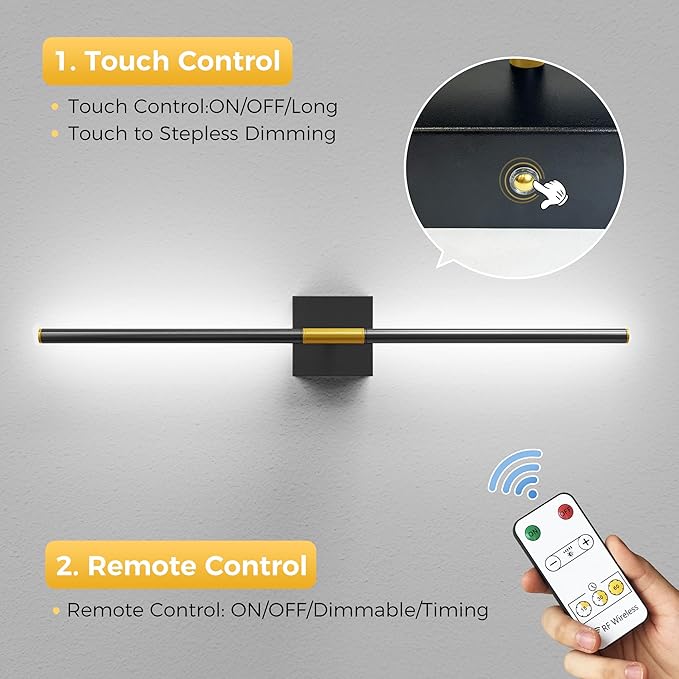 L LOHAS LED Battery Operated Wall Sconces Set of 2, Battery Wall Sconce 10000mAh, Gold and Black Rechargeable Sconces 6000K, 28.3 Inch Wireless Wall Lights, Sconce Wall Decor for Bedroom, Living Room