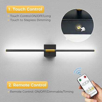 L LOHAS LED Battery Operated Wall Sconces Set of 2, Battery Wall Sconce 10000mAh, Gold and Black Rechargeable Sconces 6000K, 28.3 Inch Wireless Wall Lights, Sconce Wall Decor for Bedroom, Living Room