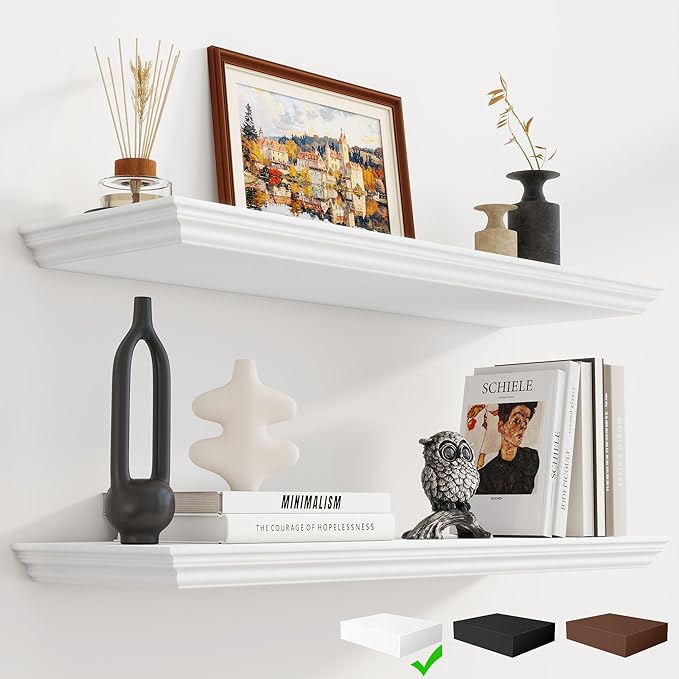 Fun Memories Floating Shelves 32 Inch Long, 9.3 Inch Deep Classic Crown Molding Floating Shelves for Wall, Rustic Wooden Shelves for Wall Decor Bathroom, Kitchen, Office, (White, 2Pack)