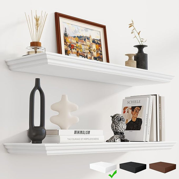 Fun Memories Floating Shelves 32 Inch Long, 9.3 Inch Deep Classic Crown Molding Floating Shelves for Wall, Rustic Wooden Shelves for Wall Decor Bathroom, Kitchen, Office, (White, 2Pack)