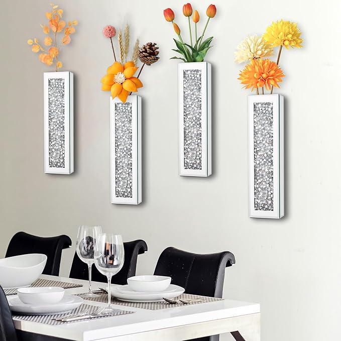 Silver wall Decor Mirrored Vase,Crystal Crush Diamond Flower Vase,Stunning Decorative Glass Hanging Planter & Container for Home Wall Decor.Befit for Faux Plants.Can't Hold Water.(2 Set)
