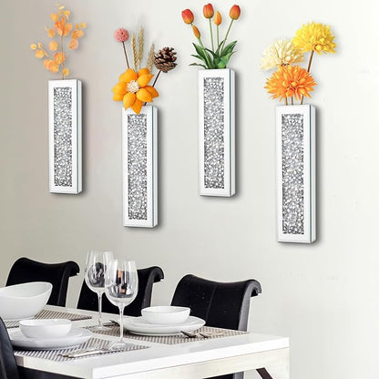 Silver wall Decor Mirrored Vase,Crystal Crush Diamond Flower Vase,Stunning Decorative Glass Hanging Planter & Container for Home Wall Decor.Befit for Faux Plants.Can't Hold Water.(2 Set)