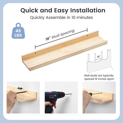 Picture Ledge Shelf for Wall, 24 inches Solid Pine Wood Nursery Book Shelves 3 Packs, Floating Ledge Shelves for Kids' Room Bedroom Bathroom Living Room Photo Frames Office Nursey Wall Decor, Natural