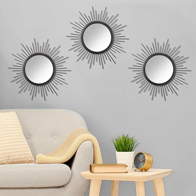 3 Pack Black Metal Wall Mirrors Sunburst Wall Mirrors Home Décor Art Decorative Modern Bohemian Hanging Wall Art for Bedroom Bathroom Living Room Entryway Small 12''