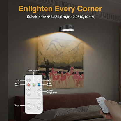 LED Picture Light Wireless Battery Operated Poster Light,Remote Control Painting Lights,Timer and Dimmable Art Light for Wall,Magnetic Accent Display Wall Light for Artworking,Wall Decor Puck Lights