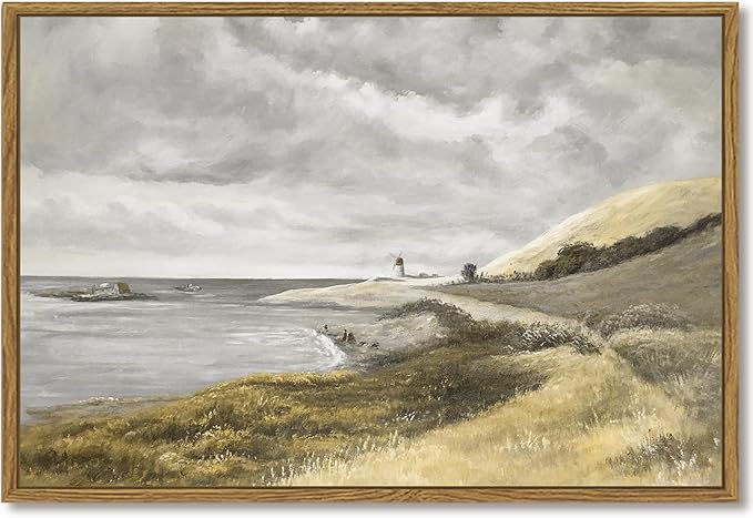 SHENIFY 24x36in Large Coastal Framed Canvas Wall Art Vintage Landscape Seascape Classic Hallway Bedroom Living Room Decor - Natural Framed