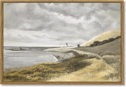 SHENIFY 24x36in Large Coastal Framed Canvas Wall Art Vintage Landscape Seascape Classic Hallway Bedroom Living Room Decor - Natural Framed