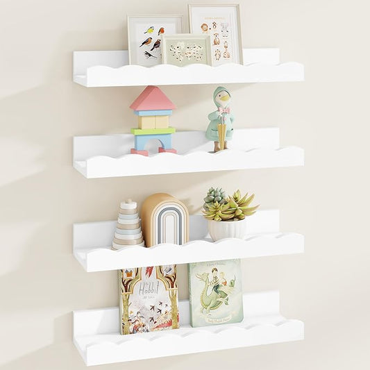 Fun Memories Picture Ledge Shelf for Wall, 16 inch Pine Wood Nursery Book Shelves Set of 4- Wall Book Shelves for Kids Room, Home Decor - Kitchen Spice-White