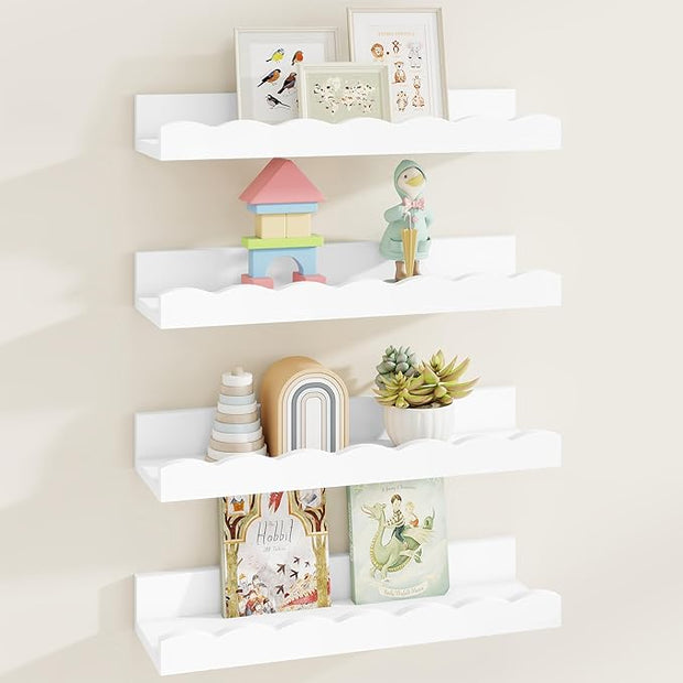 Fun Memories Picture Ledge Shelf for Wall, 16 inch Pine Wood Nursery Book Shelves Set of 4- Wall Book Shelves for Kids Room, Home Decor - Kitchen Spice-White