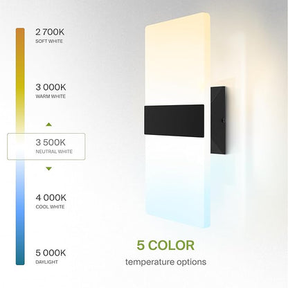 ASD LED Indoor Wall Mount Light Fixture - 14 Inch 24W Modern Interior Matte Black Dimmable Wall Sconce Light - ETL 2700K-5000K Adjustable - Hallway, Bedroom LED Wall Lights, Pack of 2