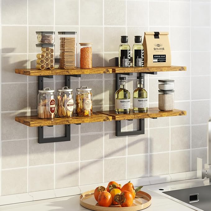 Floating Shelves, Set of 2 Wall Shelves, 2-Tier Wall Mounted Storage Shelves, Adjustable Floor Height, Hanging Bathroom Shelves, for Living Room, Bedroom, Bathroom, Kitchen, Rustic Brown and Black