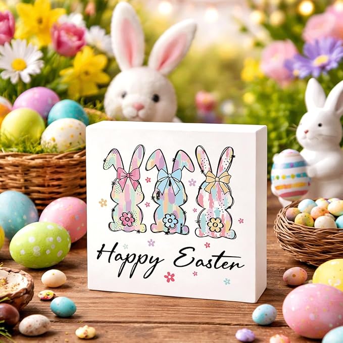 Easter Desk Decorations Happy Easter Wooden Sign, Spring Bunny Farmhouse Tabletop Decor, Easters Holiday Shelf Plaque for Home Office Kitchen 5x5 Inch