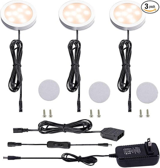 AIBOO 12V LED Under Cabinet Lighting Kit 3 Packs Slim Aluminum Puck Lights with 2-Way Switch All Accessories Included for Counter Closet Lighting 6W (Warm White)