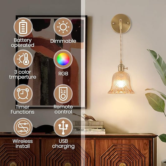 Vintage Battery Operated Wall Sconce Set of 2, RGB Dimmable LED Wall Light with 12 Colors,Rechargeable Battery Powered Wall Light with Adjustable Chain Retro for Living Room Bedroom