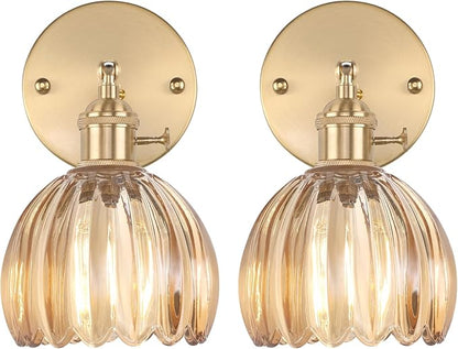 Vintage Wall Sconces Set of 2 with Amber Tulip Glass Lampshade 180 Degree Adjustable Brass Sconces Hradwired Modern Wall Lighting Fixture with Switch for Bedside Bedroom Doorway