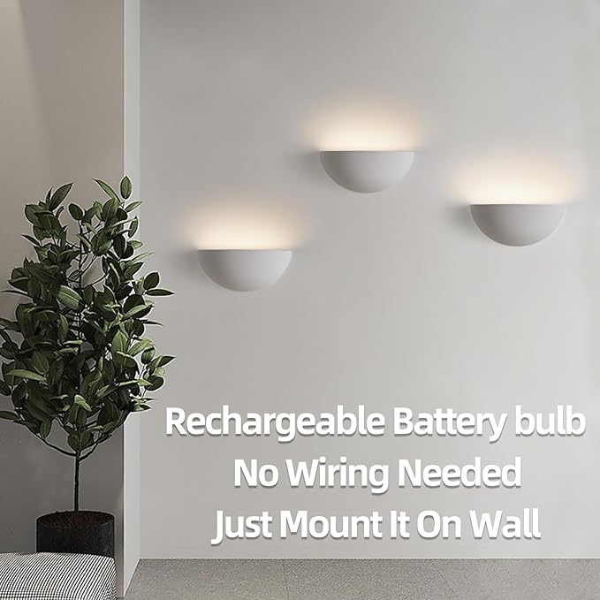 2 Pack Repaintable Battery Operated Wall Sconce, Minimalist Half-Sphere Gypsum Rechargeable Wall Light with 5000mAh Dimmable Magnetic Bulb Remote, 12 RGB Colors Wireless Wall Lamp for Hallway Decor