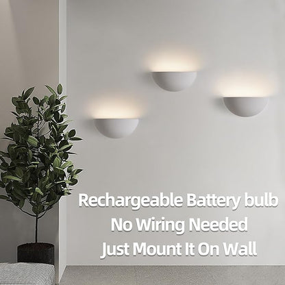 2 Pack Repaintable Battery Operated Wall Sconce, Minimalist Half-Sphere Gypsum Rechargeable Wall Light with 5000mAh Dimmable Magnetic Bulb Remote, 12 RGB Colors Wireless Wall Lamp for Hallway Decor