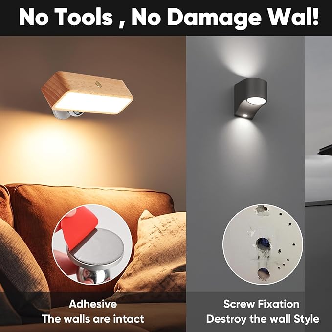 Wood Wall Sconces Battery Operated, Rechargeable Wall Lights Battery Operated, Stick On Wall Mounted lamp Bedside Reading for Bedroom, Stepless Dimmable Wall Lamps for Living Room