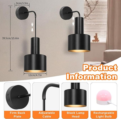 VerRon Rechargeable Battery Operated Wall Sconce Set of Two, Black Wireless Battery Powered Lights with Dimmable Detachable Bulbs & Remote, Modern Sconces Wall Decor for Bedroom Living Room Hallway