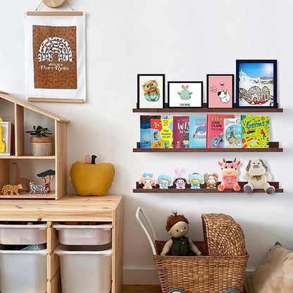 AZSKY Floating Shelves Deep Walnut for Wall Long Picture Ledge Shelf 48 Inch Beige Photo Ledge Shelves with Lip Wall Bookshelf for Kids Bedroom Living Room Bathroom Kitchen Wooden Spice Rack Set of 3