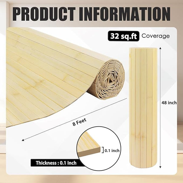 FONUNO Bamboo Wall Panel for Interior Decoration Bamboo Pole Wrap Roll Natural Wainscoting Paneling Decorative Wall Slat Covering for Living Room, Bedroom, Office (48 Inch x 96 Inch, Raw)
