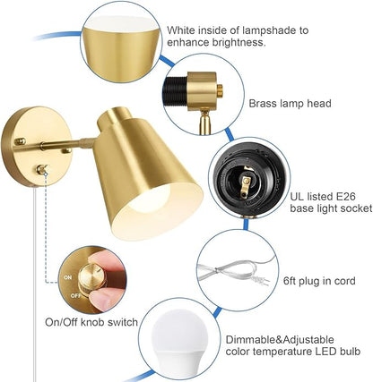 Plug in Wall Sconces with Remote Control, Adjustable Color Temperature 2700K-6000K and Dimmable Wall Sconces Gold Wall Lights with Plug in Cord for Bedroom Bedside Stairway(2 Pack, 2 Bulbs)