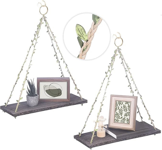 MITIME Hanging Shelves for Indoor Wall and Window - Floating Wall Shelves for Plant Display, Boho Style Home Decor.(Leaf Rope, Retro Color,Large*2)
