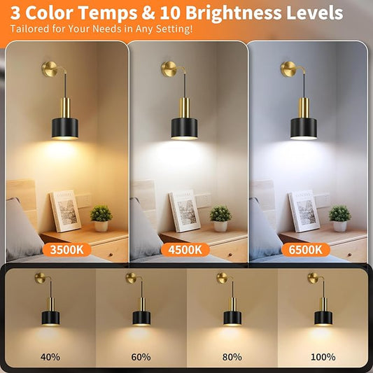 VerRon Rechargeable Battery Operated Wall Sconce Set of Two, Black & Gold Wireless Battery Powered Lights with Dimmable Detachable Bulbs & Remote, Modern Sconces Wall Decor for Bedroom Living Room