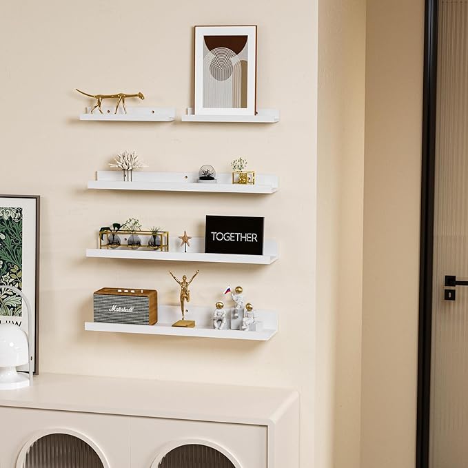 Giftgarden 24 Inch Wall Mounted Floating Shelves Set of 5, White Wood Wall Shelves for Bathroom, Bedroom, Kitchen, Living Room Storage and Decoration, Wooden Picture Ledge