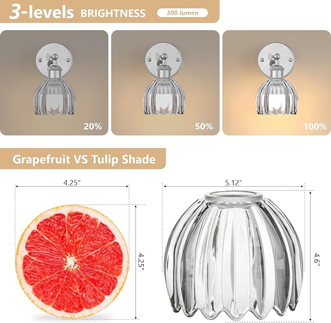 Vintage Battery Operated Wall Sconce, Smoky Gray Tulip Glass Lampshade Wireless Rechargeable Battery Powered LED Wall Light with Remote Dimmable for Bedside Bedroom Living Room, Silver, Set of 2