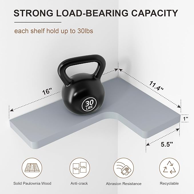 fuqing Corner Floating Shelves, Wall Shelf Set of 3, Shelves for Wall Storage, Solid Wood Shelves for Storage, Wall Mount Wooden Display Shelf for Bathroom Bedroom Kitchen Garage, Dark Grey