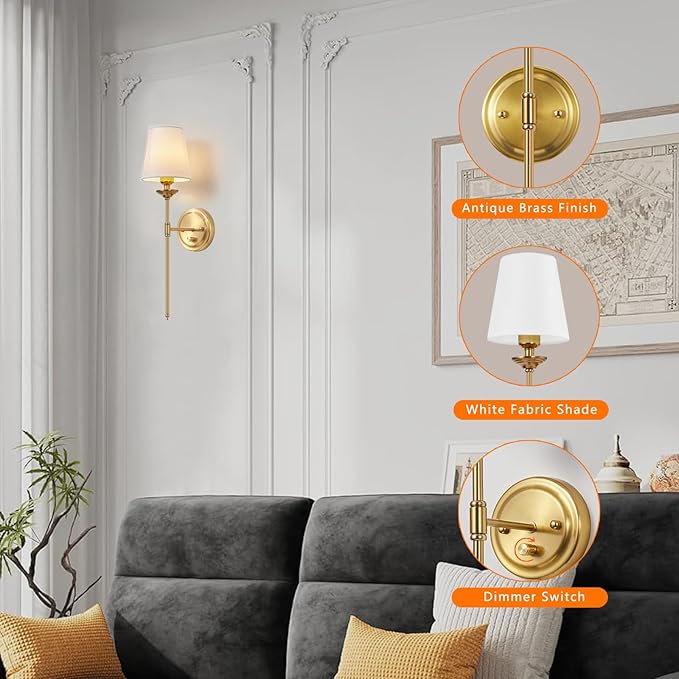 Dimmable Plug in Wall Sconces Set of 2, Gold Bedside Wall Lamp with Knob Dimmer Switch and 6.5FT Electric Cord, Mid Century Modern Bathroom Wall Light Fixture for Bedroom Living Room