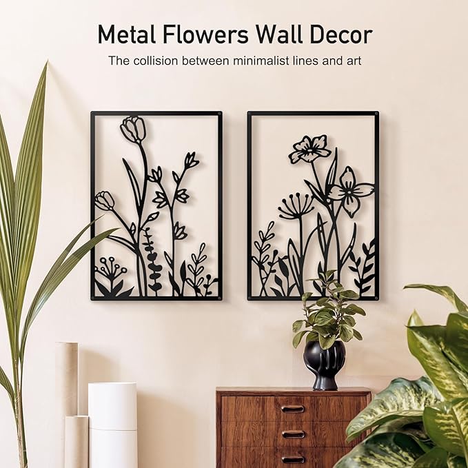 Sokurdeg Black Metal Flowers Wall Decor, Minimalist Floral Wall Hanging Art, Black Abstract Line Wall Art Sculptures for Bedroom Bathroom Living Room (4 Pcs, 12 x 17 in)