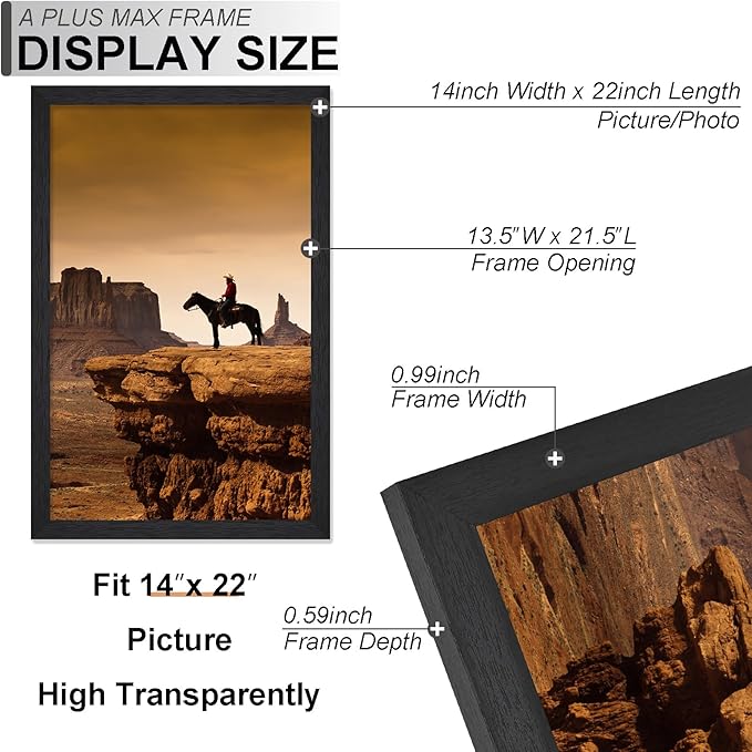 A PLUS MAX 14x22 Picture Frame, Black Engineered Wood Frame for 14 x 22 Inch Picture Poster Photo, Light Weight 14 by 22 Frame with Wood-grain for Wall - 1 Pack/Black/14 x22
