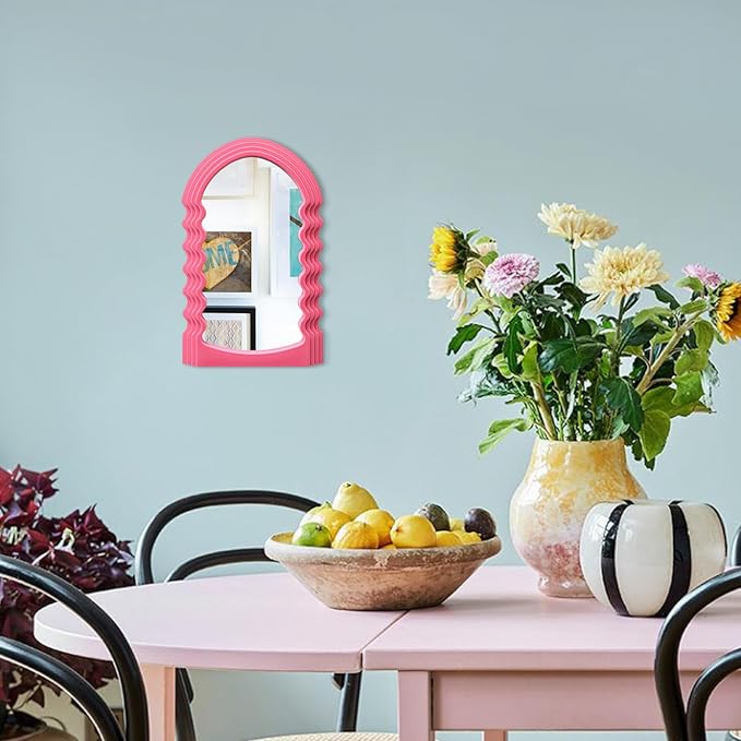 Wavy Wall Mirror for Living Room Decor, Velvet Finish Funky Wall Mounted Mirror for Girly Bedroom Decoration, Cute Hanging Sculpture Home Accent for Dining Room Kitchen (Pink)