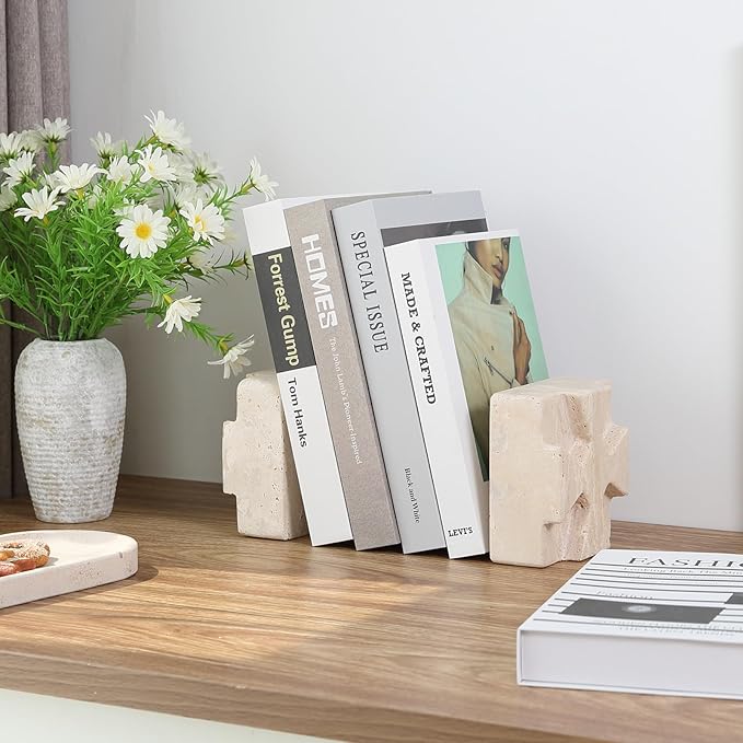 Decorative Square Marble Bookends for Heavy Books – Unique Book Ends for Shelves – Modern Aesthetic Book Holder/Stopper with Non-Slip Pads for Chic Home, Office, or Library Decor(Travertino Turkey)