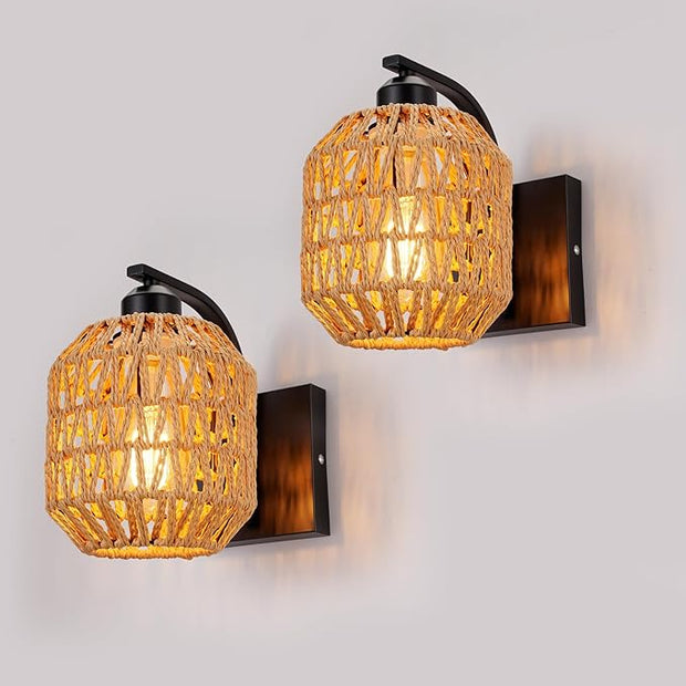 lobolighting Boho Rattan Wall Sconces Set of Two Hardwired Hand-Woven Farmhouse Wall Lamps Indoor Rustic Wall Mount Light Fixtures for Bedroom Living Room Nursery Hallway (Bulbs Not Included)