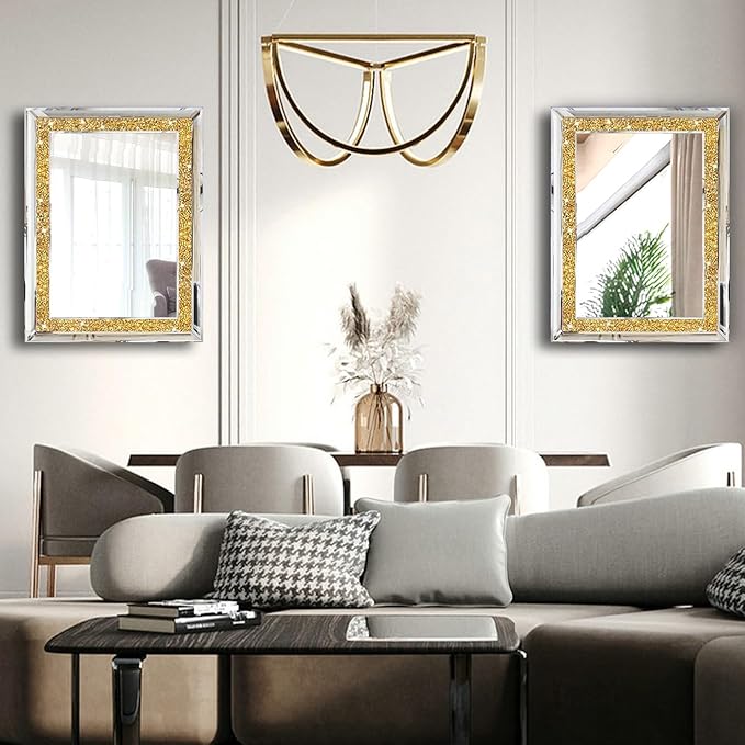 2 Piece Wall Mirrors, Crush Diamond Wall Decor, Gold Color Decorative Mirrors for Living Room, Bedroom, Bathroom. (11'x15')